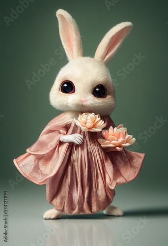 Cartoon fluffy bunny in a dress with big eyes and a pink flower, illustration