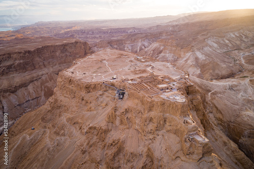 Masada. The ancient fortification in the Southern District of Israel. Masada National Park in the Dead Sea region of Israel. The fortress of Masada. Drone Point of View. photo