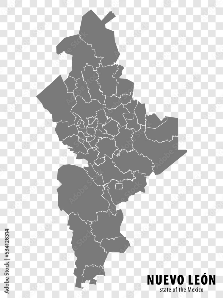 State Nuevo Leon of Mexico map on transparent background. Blank map of  Nuevo Leon with  regions in gray for your web site design, logo, app, UI. Mexico. EPS10.