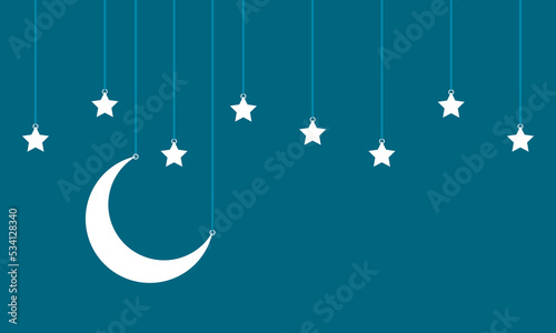 White crescent moon with stars hanging mystic magic on blue background concept sweet dream and good night flat vector design.