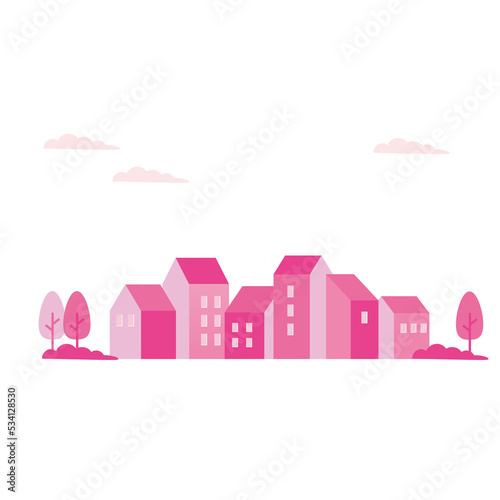 Spring landscape with pink houses illustration