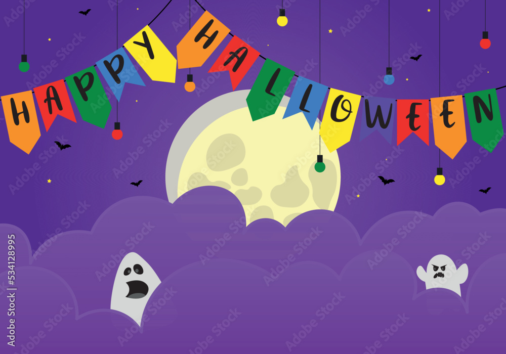 Naklejka premium happy halloween greeting card with flags and moon
