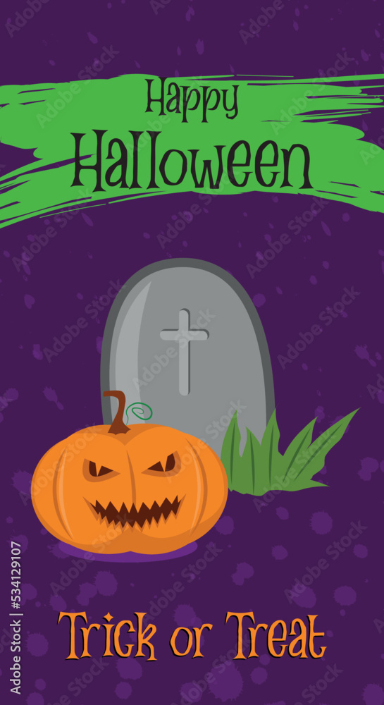 halloween trick or treat banner with pumpkin and grave