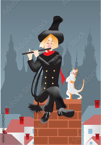 composition with a chimney sweep and a cat who play and sing on the chimney