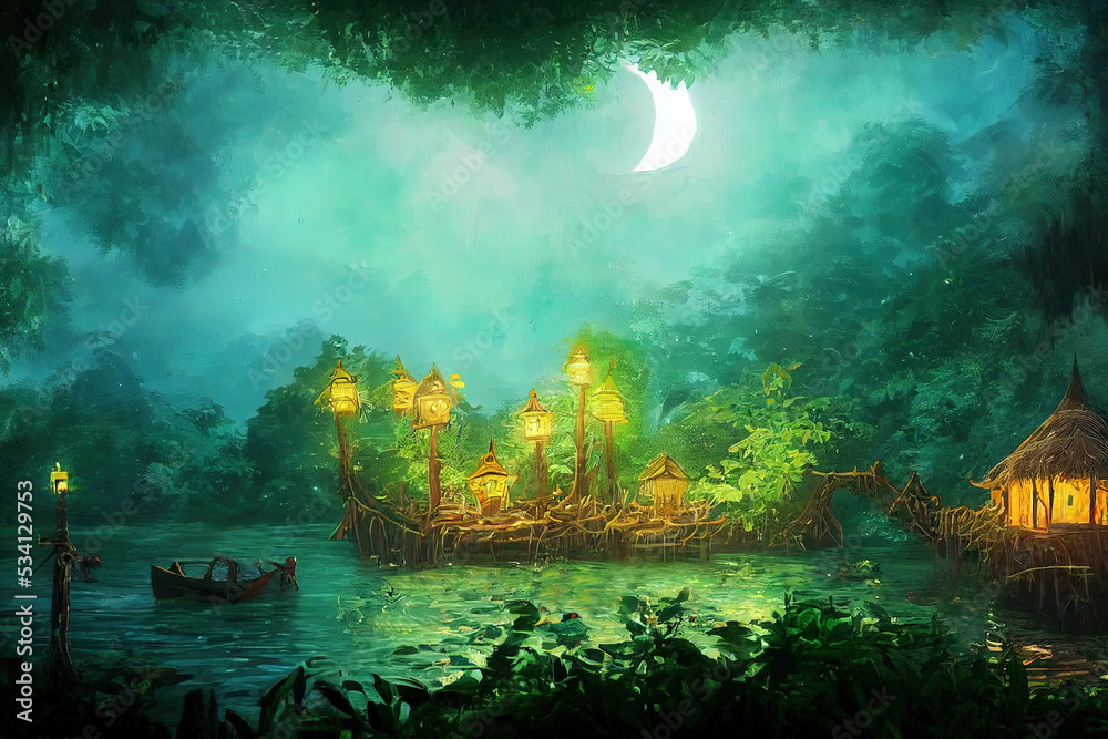 Fisherman Home Village Forest River Starry Moon Night. Fantasy Backdrop Concept Art Realistic Illustration Video Game Background Digital Painting CG Artwork Scenery Artwork Serious Book Illustration
