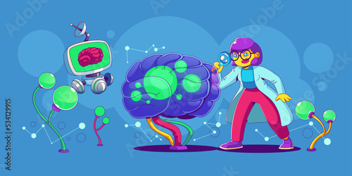 Neuroscience, machine learning, scientific research. Contemporary female character in lab coat checking artificial brain neurons connected into neural network, Cartoon linear flat vector illustration