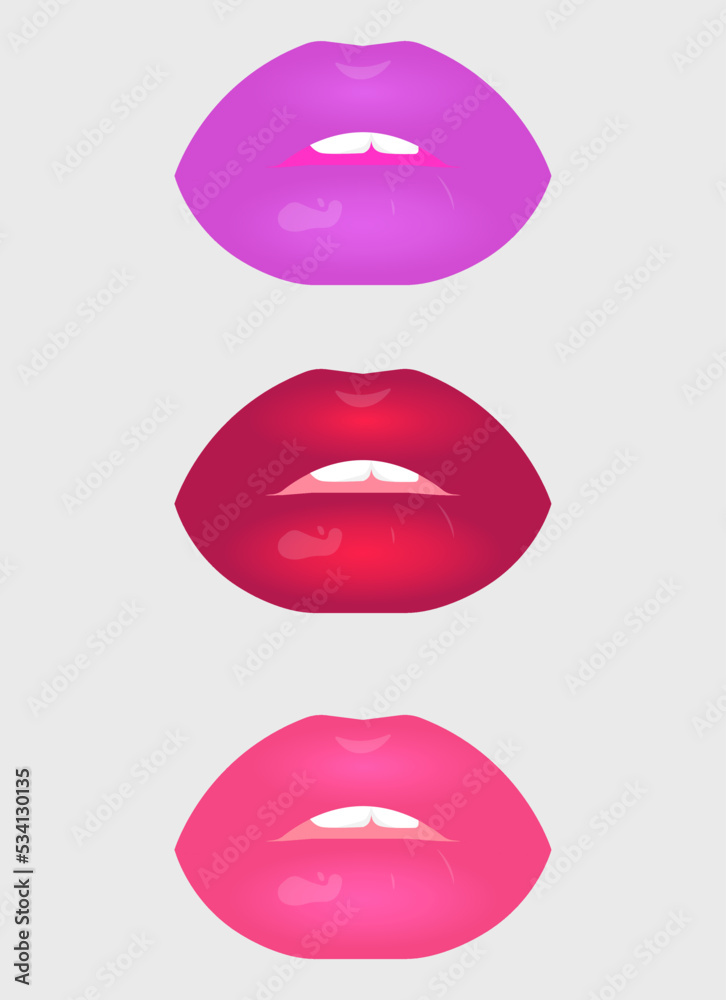 Set of three lips different colors: violet, red, pink. Illustration can be used like icons, poster, card or print.