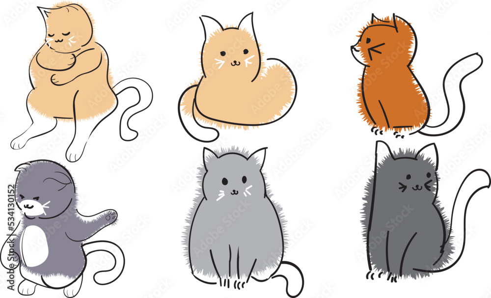 Obraz premium Cute and funny cats doodle vector set. Cartoon cat or kitten characters design collection with flat color in different poses. Set of purebred pet animals isolated on white background.