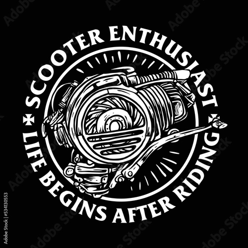 vector of scooter motorcycle engine hand drawn black and white