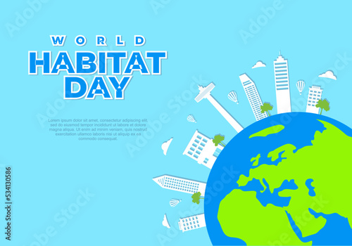 World habitat day with sky scrapper on earth isolated on blue background.