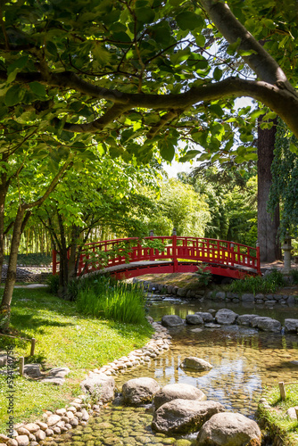 Traditional red wooden bridge on a japanese garden pond © daboost