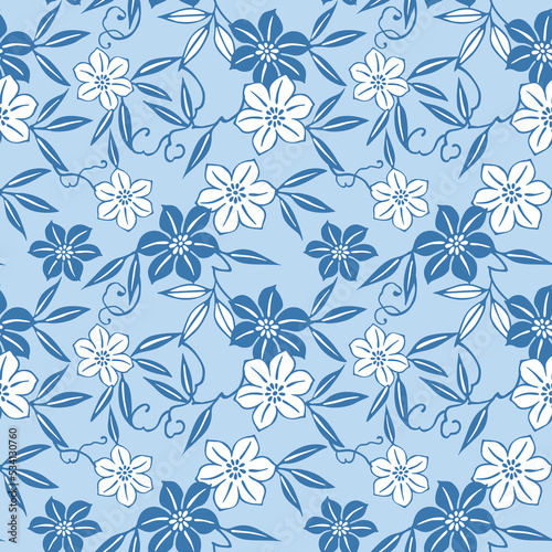 Japanese Flower Leaf Vine Vector Seamless Pattern