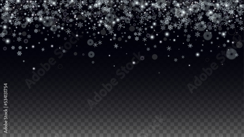 Christmas Vector Background with Falling Snowflakes  Isolated on Transparent Background. Realistic Snow Sparkle Pattern. Snowfall Overlay Print. Winter Sky. Realistic Snow. Happy Christmas, New Year.