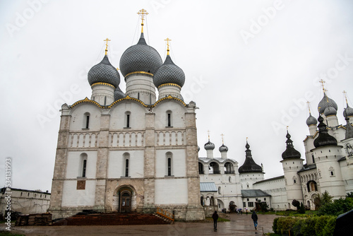 fragments of the ancient Kremlin and the white stone cathedral of Rostov the Great