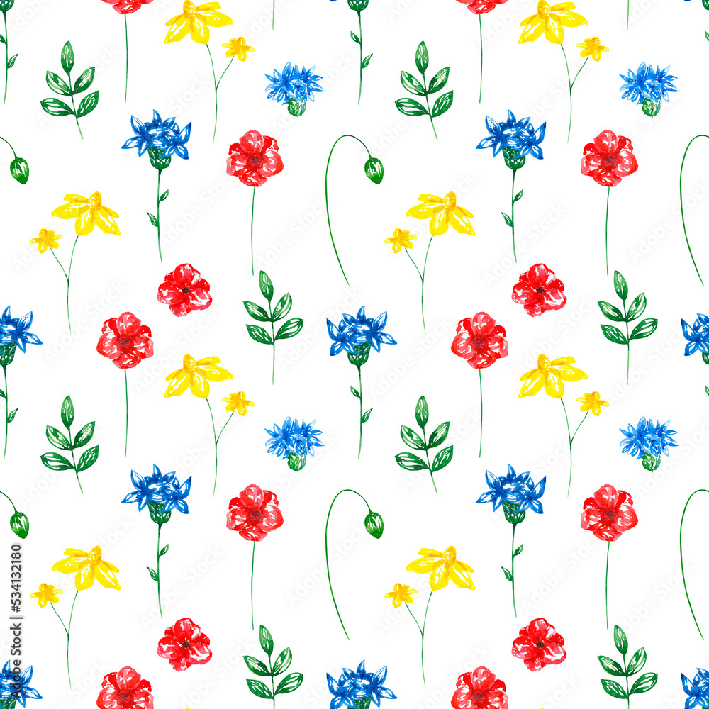 Watercolor wildflowers floral seamless pattern on white background. Delicate flowers and leaves repeat print. Botanical field flowers ornament.