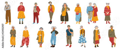 Modern old people flat vector illustration set. Collection of elegant senior men, women wearing colorful stylish clothes. Elderly characters posing in fashionable outfit isolated on white background