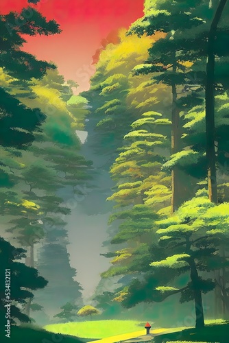 Japanese landscape, illustration. Fairy forest.