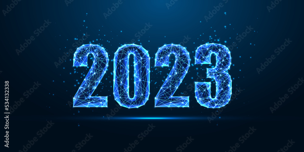 Abstract 2023 Happy New Year digital banner background. Futuristic glowing polygonal style on blue