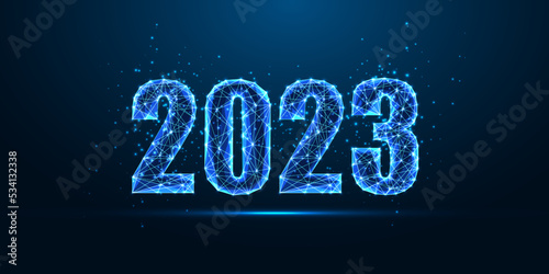 Abstract 2023 Happy New Year digital banner background. Futuristic glowing polygonal style on blue