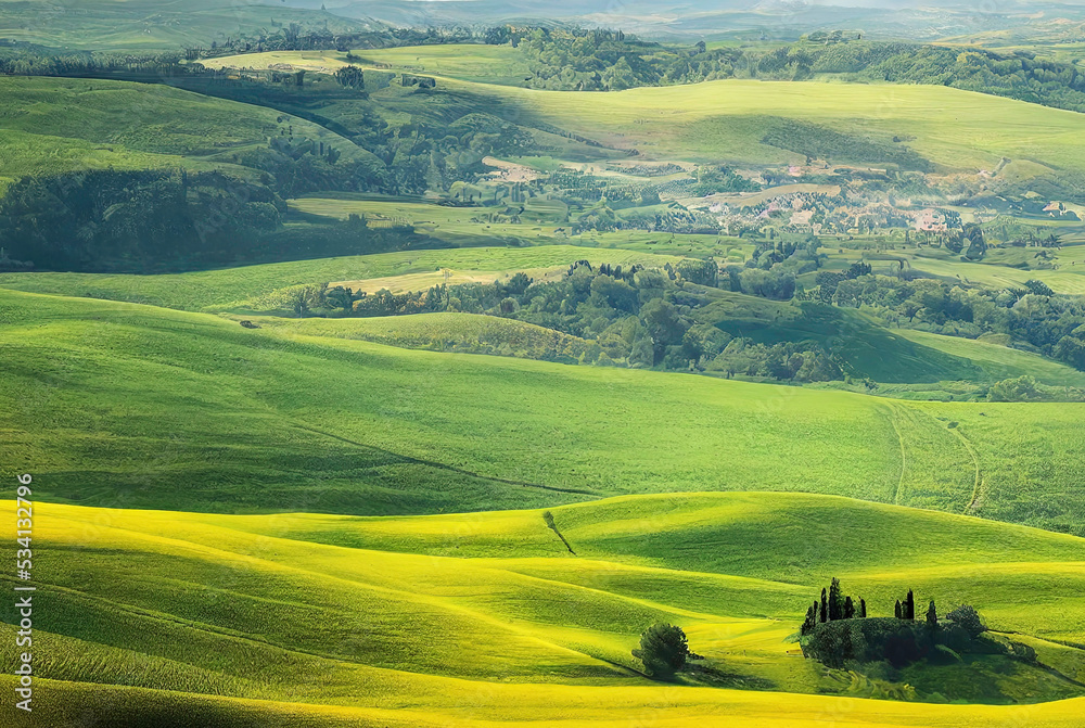 England Countryside Green Grass Meadow Hill Plain. Fantasy Backdrop Concept Art Realistic Illustration Video Game Background Digital Painting CG Artwork Scenery Artwork Serious Book Illustration
