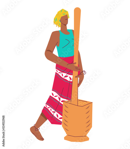 African village woman crushing fruits or grains in mortar, flat cartoon vector illustration isolated on white background. Culture of Africa. African peasant female character.