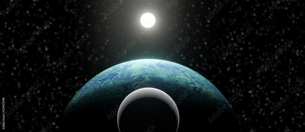 Illustration of planet, moon and bright glowing sun star in outer space, science fiction background