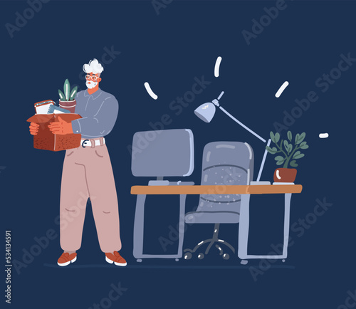 Cartoon vector illustration of fires office worker. Sad man standing at workplace, dismissal. Staff reduction. Unemployment, bankruptcy. Manager dismissed from job