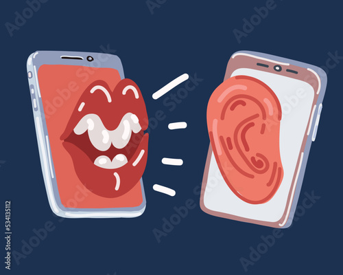 Cartoon vector illustration of mouth whispering gossip to ear. Concept of girls secrets, gossip and rumor. Using smartphone