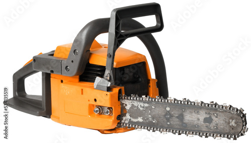 Rough orange chain saw front side view isolated