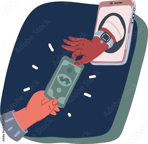 Cartoon vector illustration of money transfer. Hands of people holds phones and send money each other.