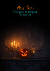 Halloween background with copy space for any text. Scary pumpkin and old skull on ancient gothic fireplace. Halloween, witchcraft and magic.