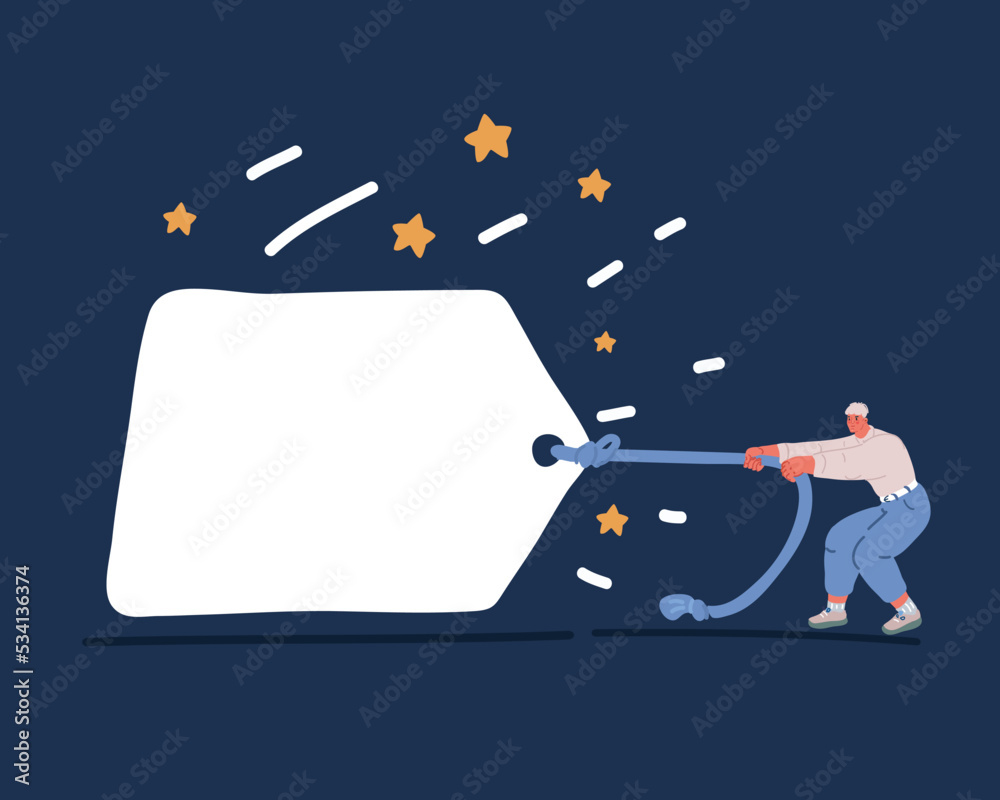 Cartoon vector illustration of man pulling big banner