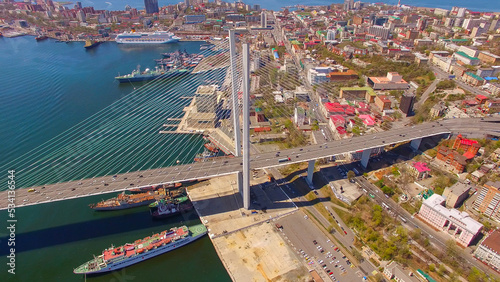 Aerial view of the panorama of Vladivostok overlooking the Golden bridge.