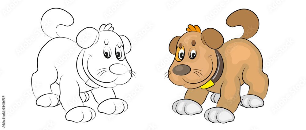 The linear image of the dog is black and white and color. Vector image, coloring book for children.