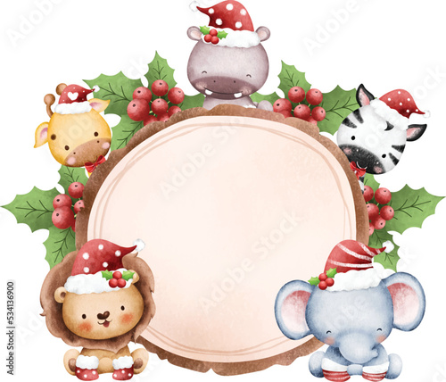 Illustration Christmas Wooden Board with Baby Safari Animals