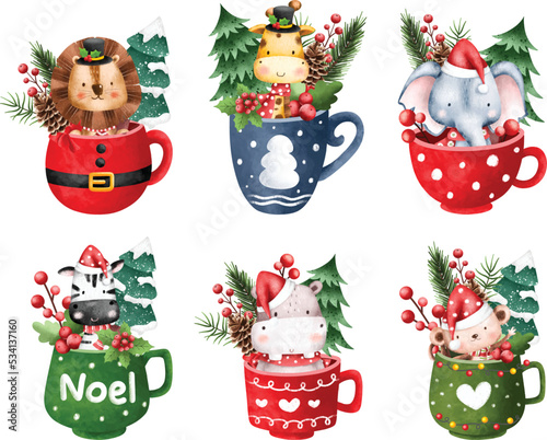 Photography Watercolor Illustration set of Christmas Safari animals character in cup