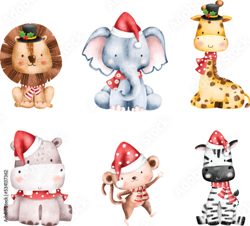 Photography Watercolor Illustration set of Christmas Safari animals character