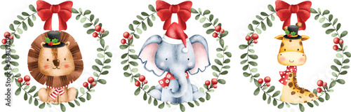 Watercolor Illustration set of Christmas Wreath with Safari animals character