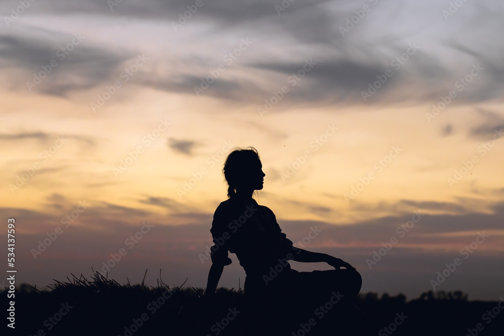 silhouette of a young girl on the background of the sunset sky