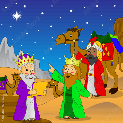 bible story illustration, three wise men searched for the birthplace of jesus by looking at the star signs in the sky. vector, eps10, editable