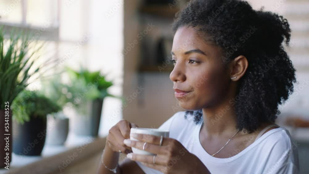 Relax, thinking and black woman with coffee in morning to enjoy window break at startup office. Casual business girl satisfied with caffeine drink time at stress free workplace in Colombia. Relax, thinking and black woman with coffee in morning to enjoy window break at startup office. Casual business girl satisfied with caffeine drink time at stress free workplace in Colombia.