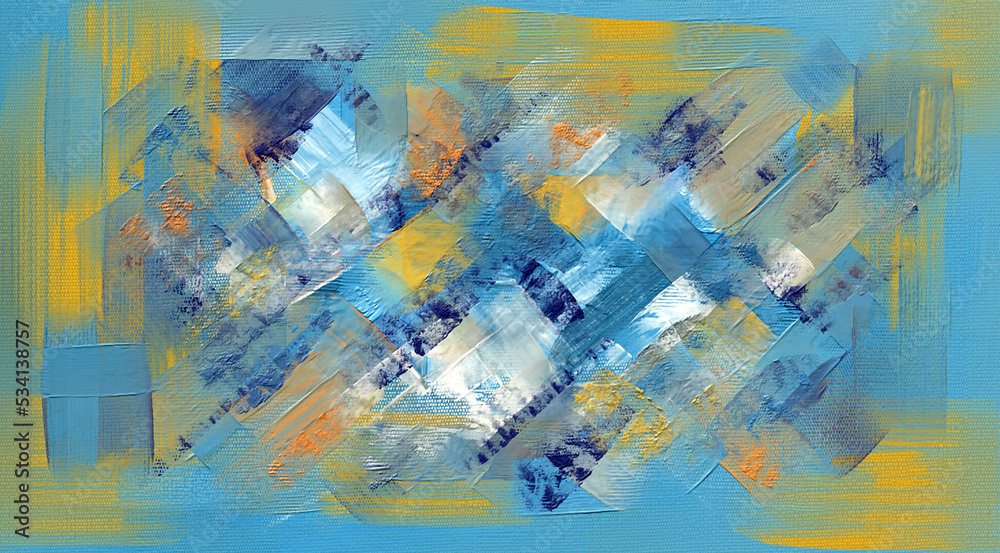 Abstract painting, blue and yellow artistic texture. Wide brush daubs and smears grungy background, hand painted pattern art