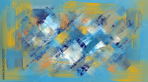 Abstract painting, blue and yellow artistic texture. Wide brush daubs and smears grungy background, hand painted pattern art