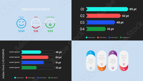 Business infographic set. Data visualization design. Bar charts, emotion statics, 4 option steps vector illustrations. Used for process, presentations, layout, banner, info graph.