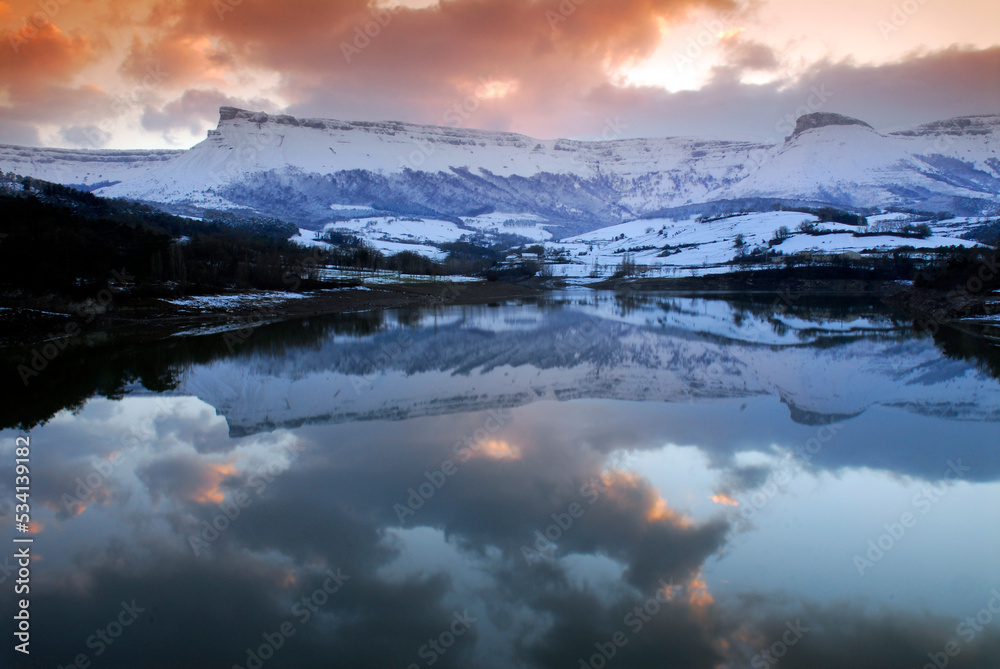 Snow in the Maroño reservoir and Sierra Salvada Basque Country. Spain