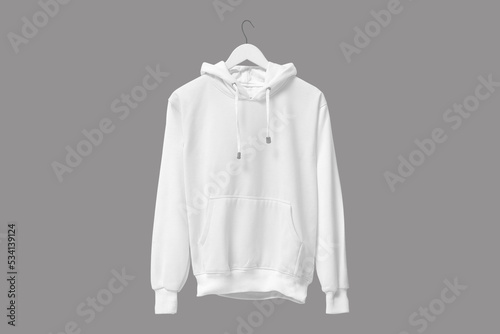 Blank white Hoodie on hanger mockup isolated on a grey background. 3d rendering. © Leyla