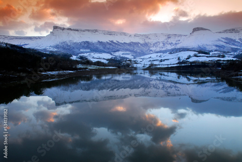 Snow in the Maroño reservoir and Sierra Salvada Basque Country. Spain