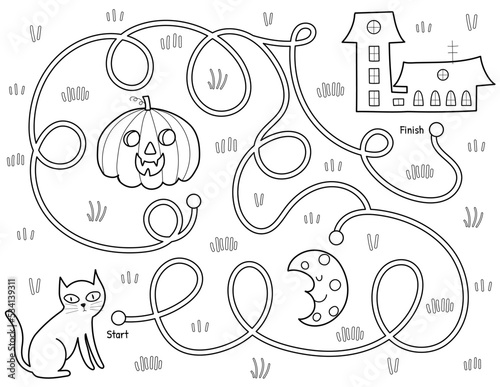 Help a black cat find path to the house. Black and white Halloween maze game for kids in cartoon style. Funny puzzle for school and preschool. Vector illustration