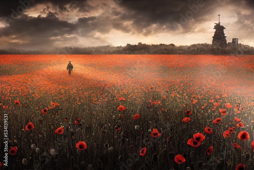 Poppy field. Remembrance day concept. Neural network generated art. Digitally generated image. Not based on any actual scene or pattern. High quality illustration.