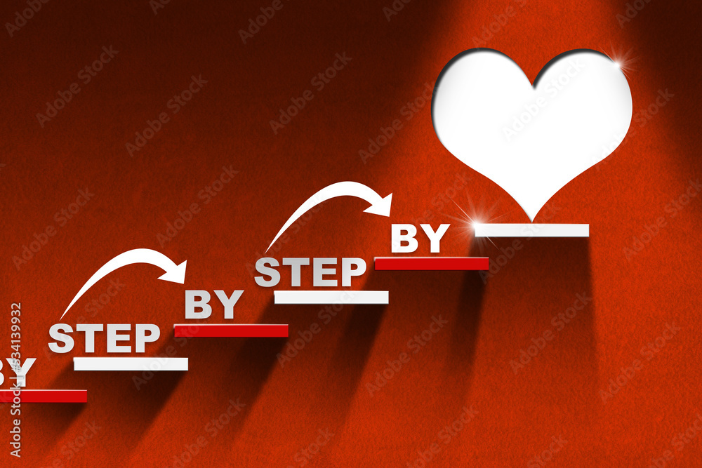 3D illustration of a stair with red and white steps on a red wall with a white heart on the last step and text Step by Step. The way of love. - obrazy, fototapety, plakaty 